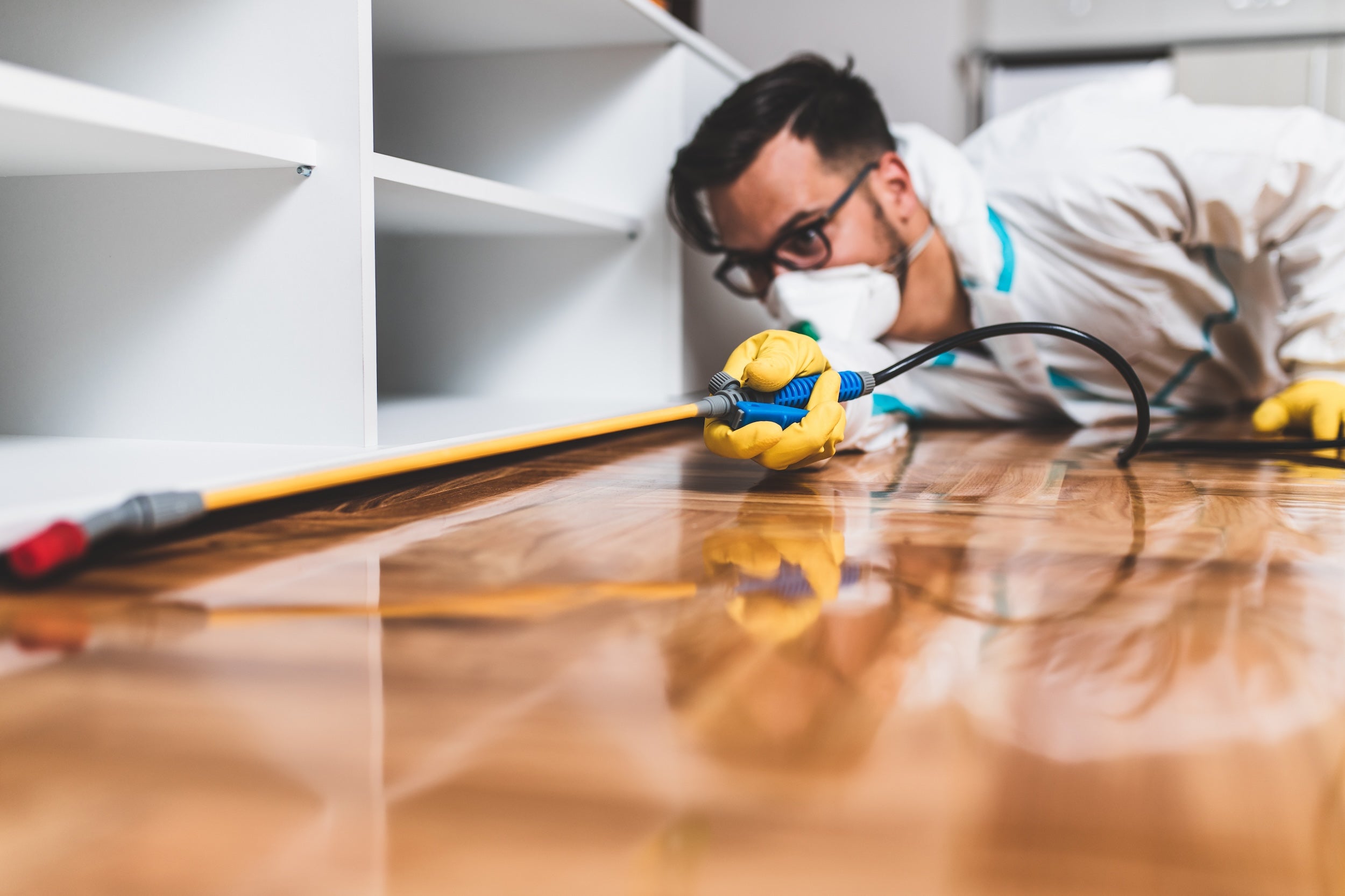 Pest control worker spraying home